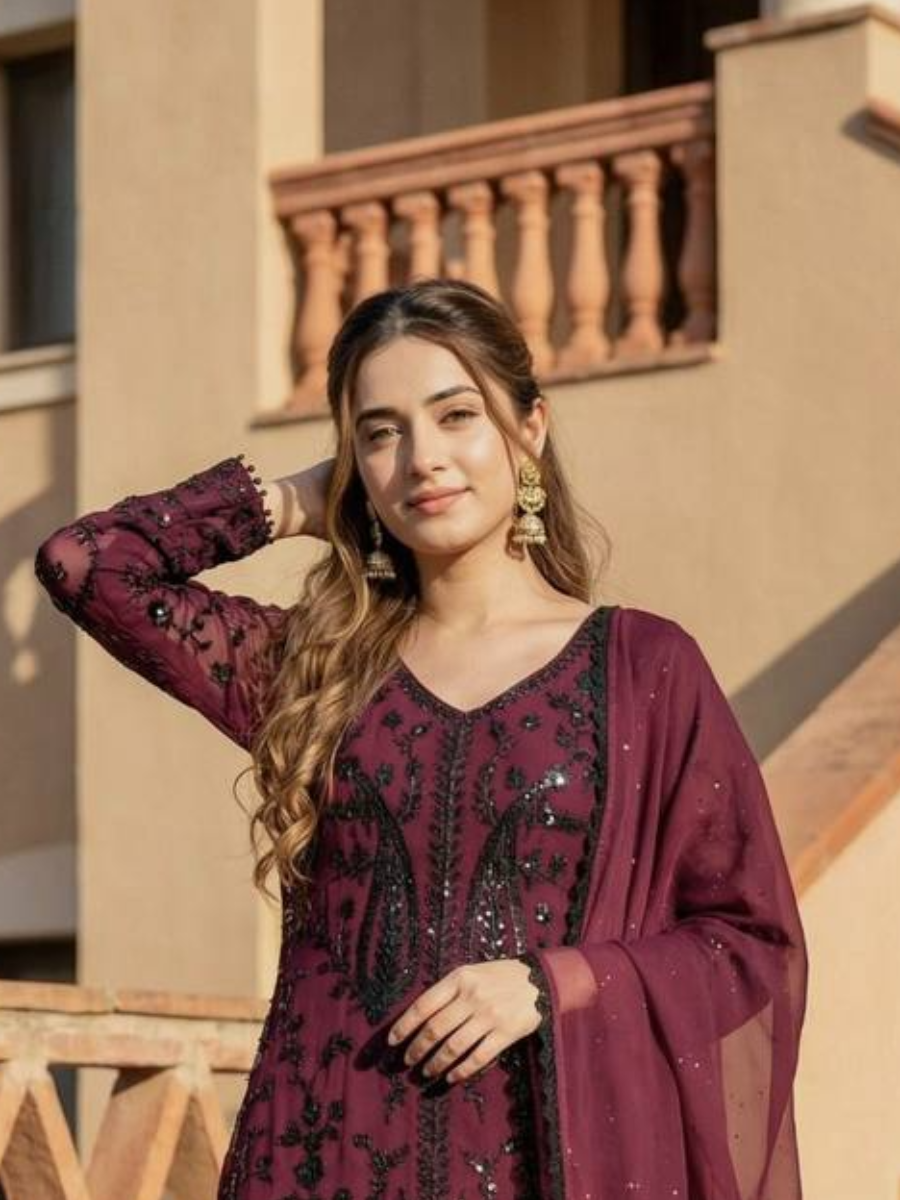 Wine Heavy Faux Georgette Embroidery Sequins Stone Work Wedding Party Festival Casual Ready Palazzo Pant Salwar Kameez