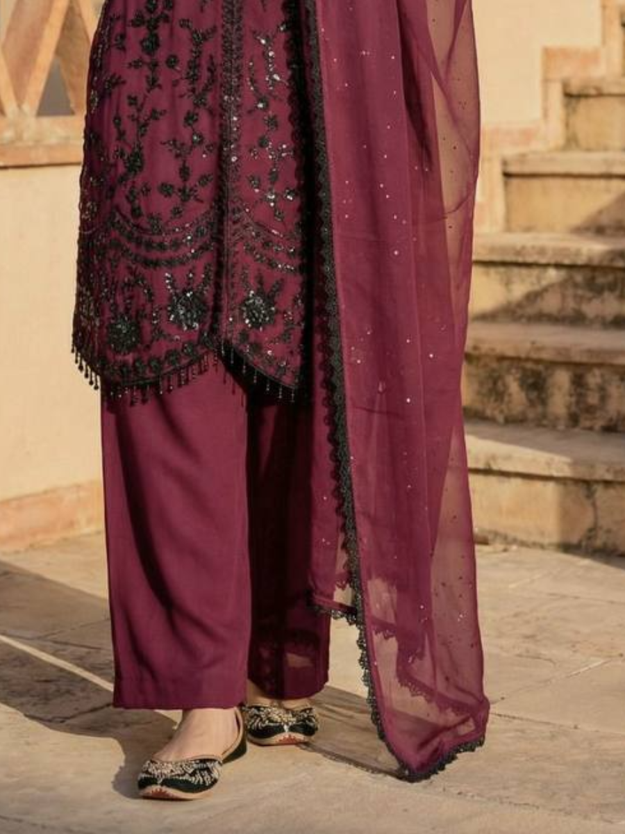 Wine Heavy Faux Georgette Embroidery Sequins Stone Work Wedding Party Festival Casual Ready Palazzo Pant Salwar Kameez