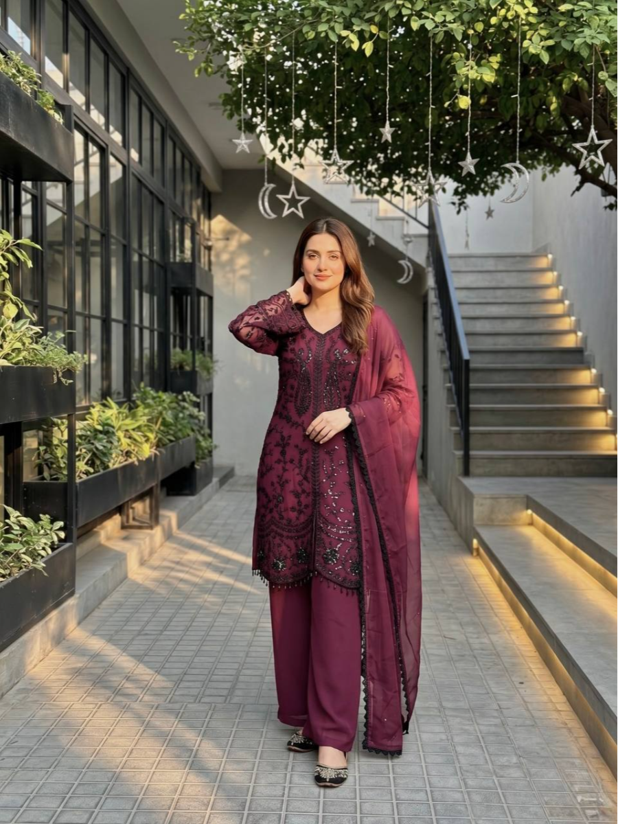 Wine Heavy Faux Georgette Embroidery Sequins Stone Work Wedding Party Festival Casual Ready Palazzo Pant Salwar Kameez