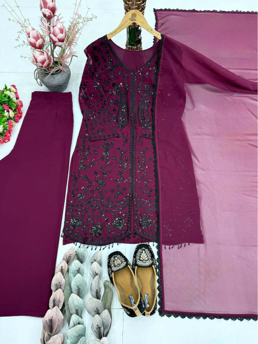 Wine Heavy Faux Georgette Embroidery Sequins Stone Work Wedding Party Festival Casual Ready Palazzo Pant Salwar Kameez