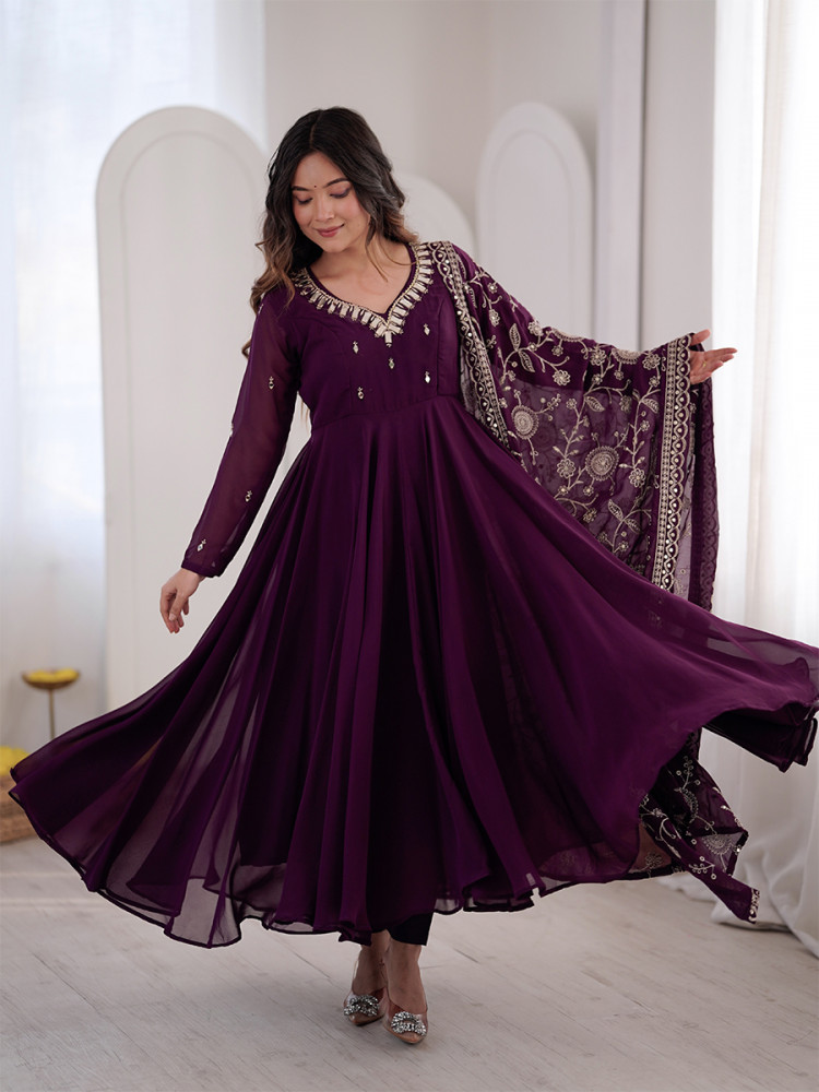 Image of Wine Heavy Faux Georgette Embroidery Sequins Wedding Party Festival Casual Ready Anarkali Pant Salwar Kameez