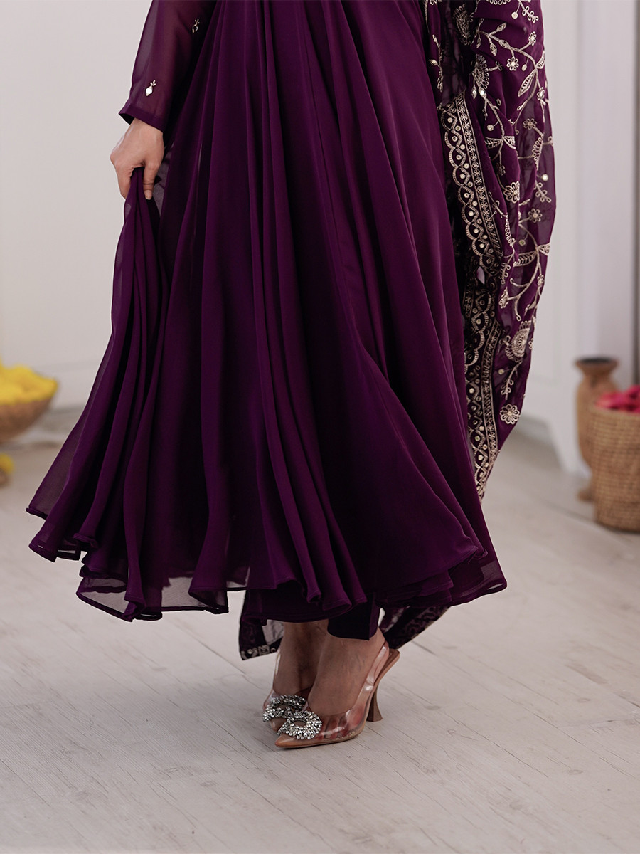 Wine Heavy Faux Georgette Embroidery Sequins Wedding Party Festival Casual Ready Anarkali Pant Salwar Kameez