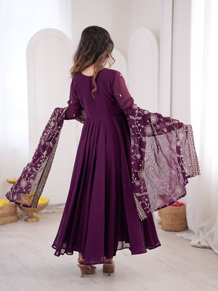Wine Heavy Faux Georgette Embroidery Sequins Wedding Party Festival Casual Ready Anarkali Pant Salwar Kameez