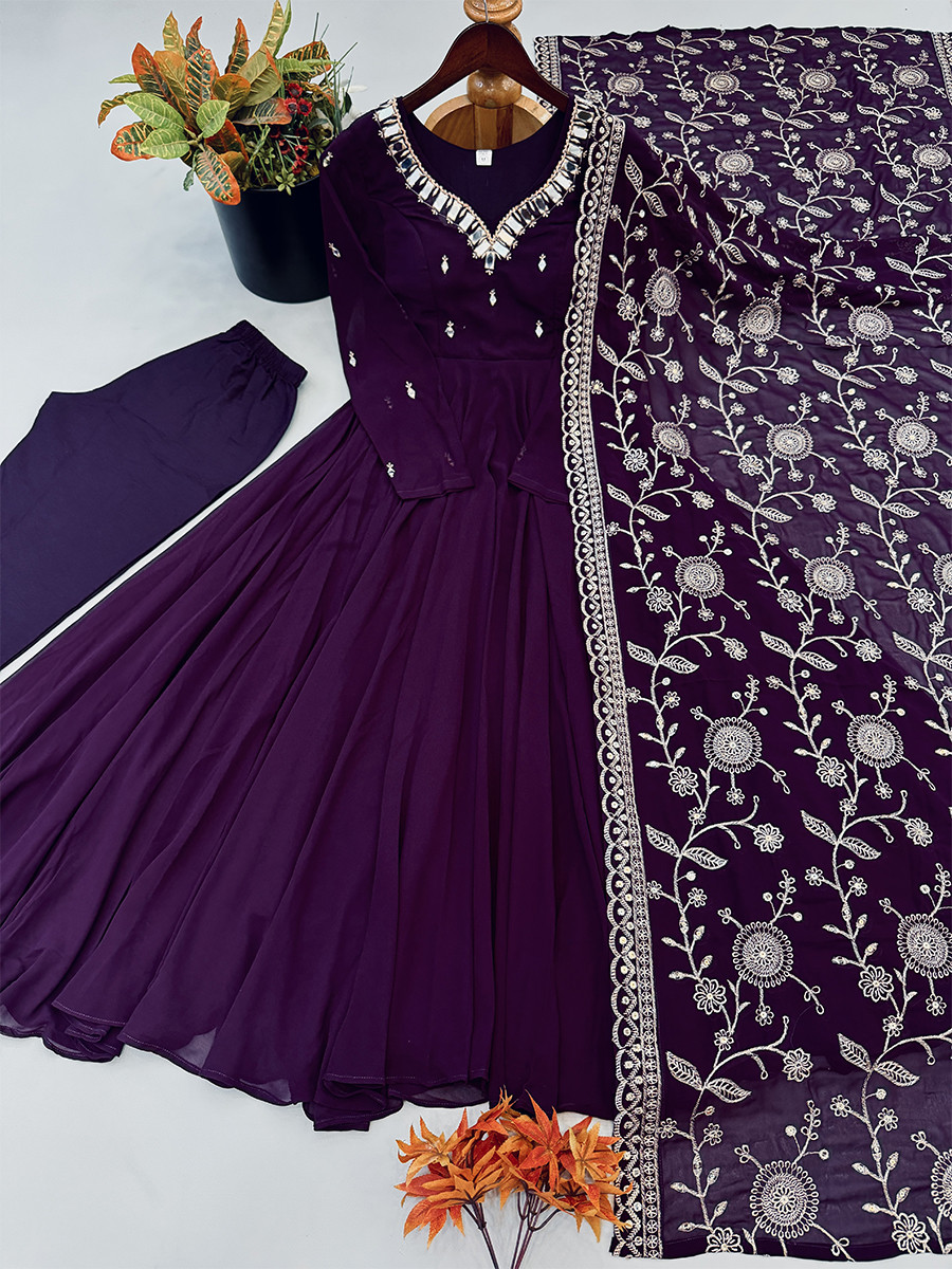 Wine Heavy Faux Georgette Embroidery Sequins Wedding Party Festival Casual Ready Anarkali Pant Salwar Kameez
