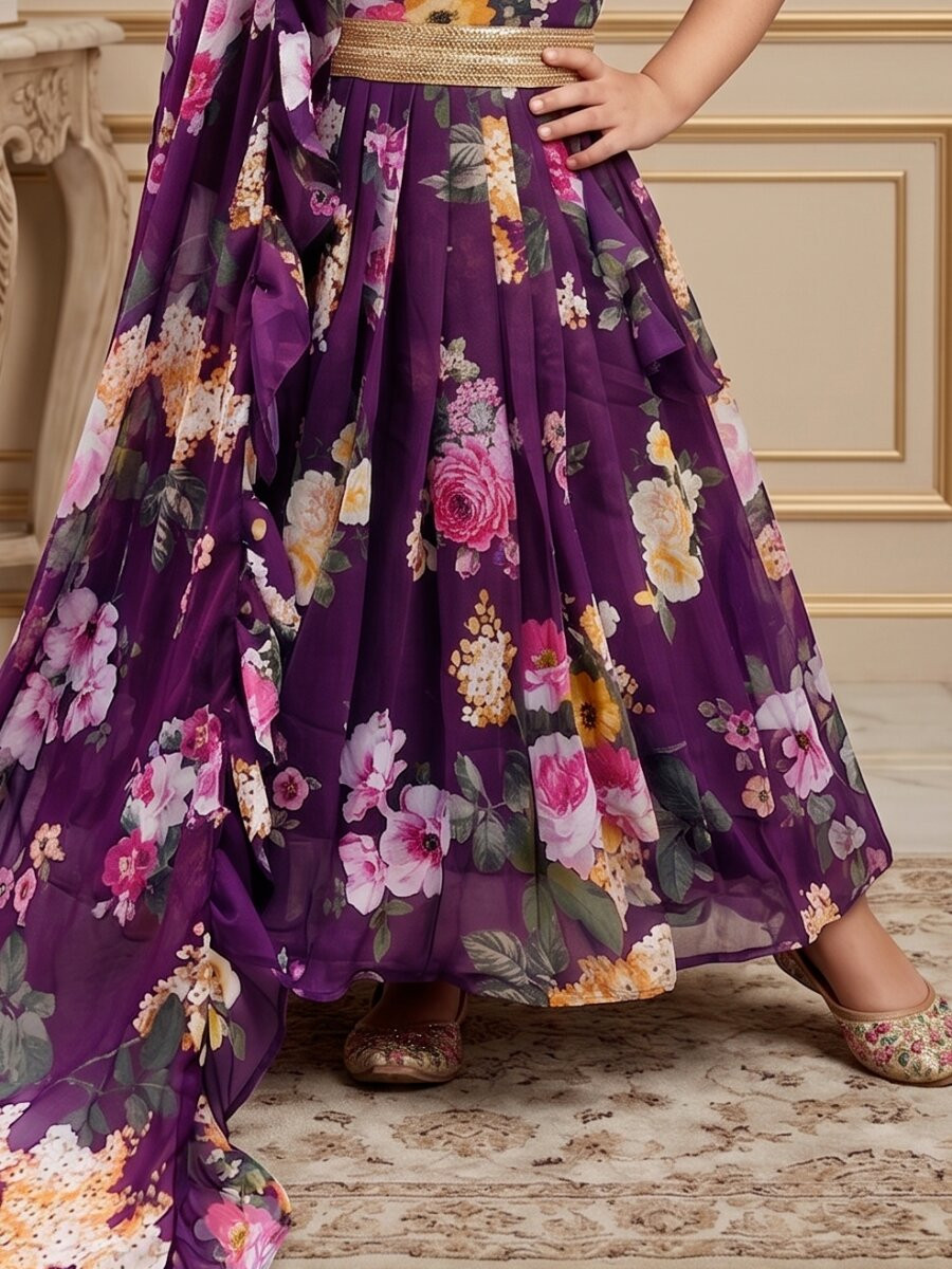 Wine Heavy Faux Georgette Printed Ethnic Casual Festival Party Wedding Gown