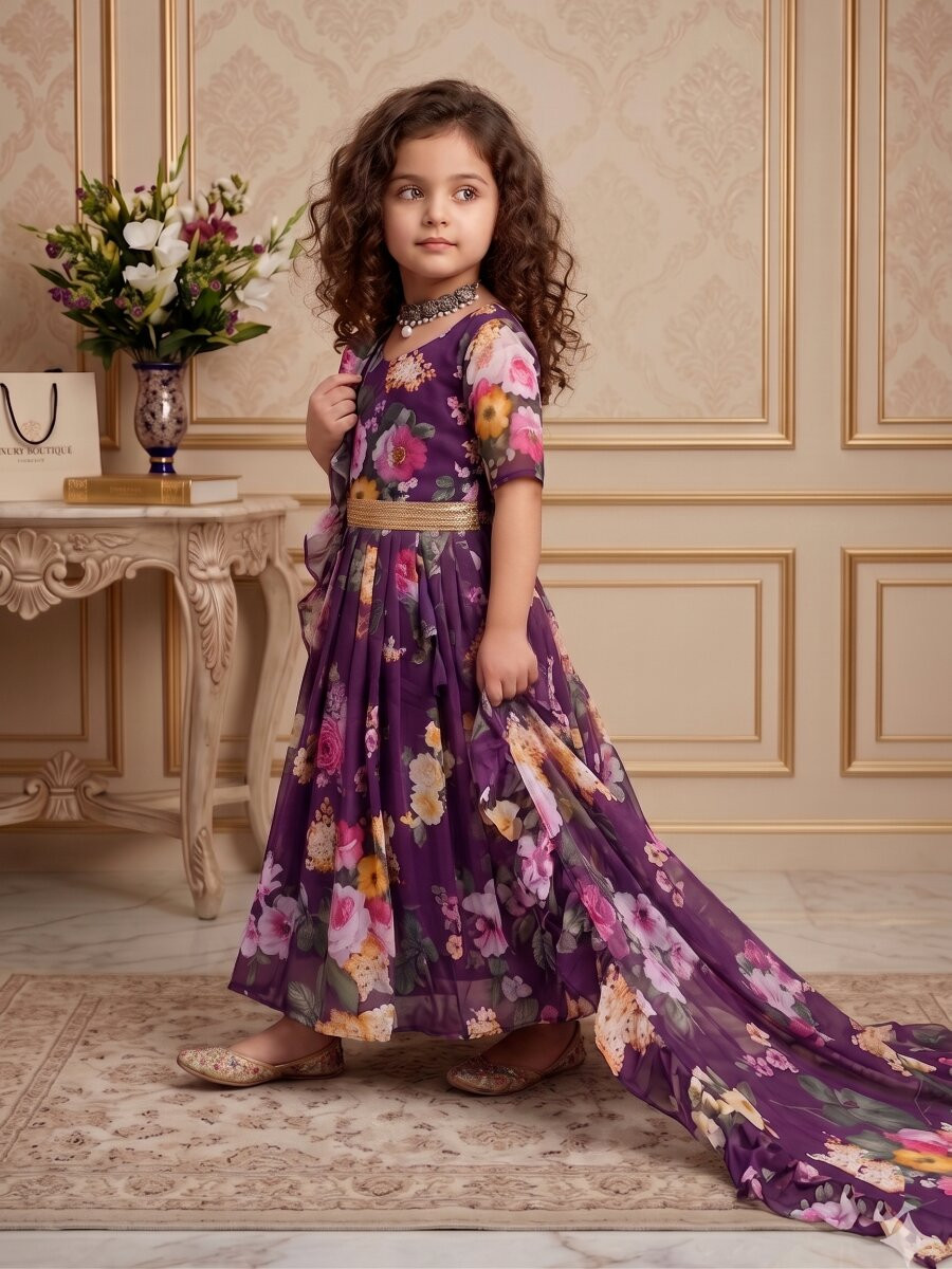 Wine Heavy Faux Georgette Printed Ethnic Casual Festival Party Wedding Gown