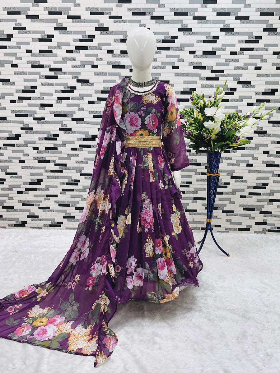 Wine Heavy Faux Georgette Printed Ethnic Casual Festival Party Wedding Gown