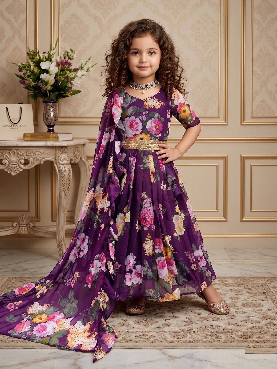 Wine Heavy Faux Georgette Printed Ethnic Casual Festival Party Wedding Gown