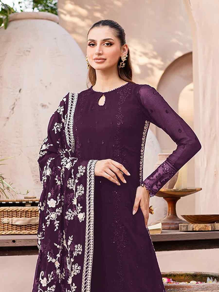 Wine Heavy Fox Georgette Embroidered Festival Casual Palazzo Pant Salwar Kameez