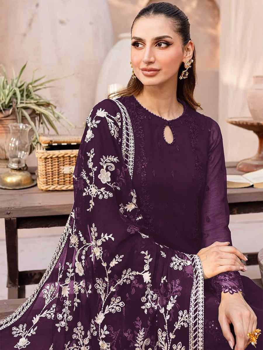 Wine Heavy Fox Georgette Embroidered Festival Casual Palazzo Pant Salwar Kameez