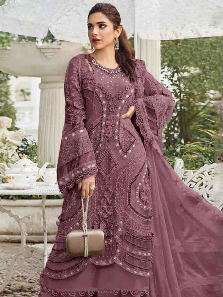 Image of Wine Heavy Fox Georgette Embroidered Festival Wedding Pant Salwar Kameez