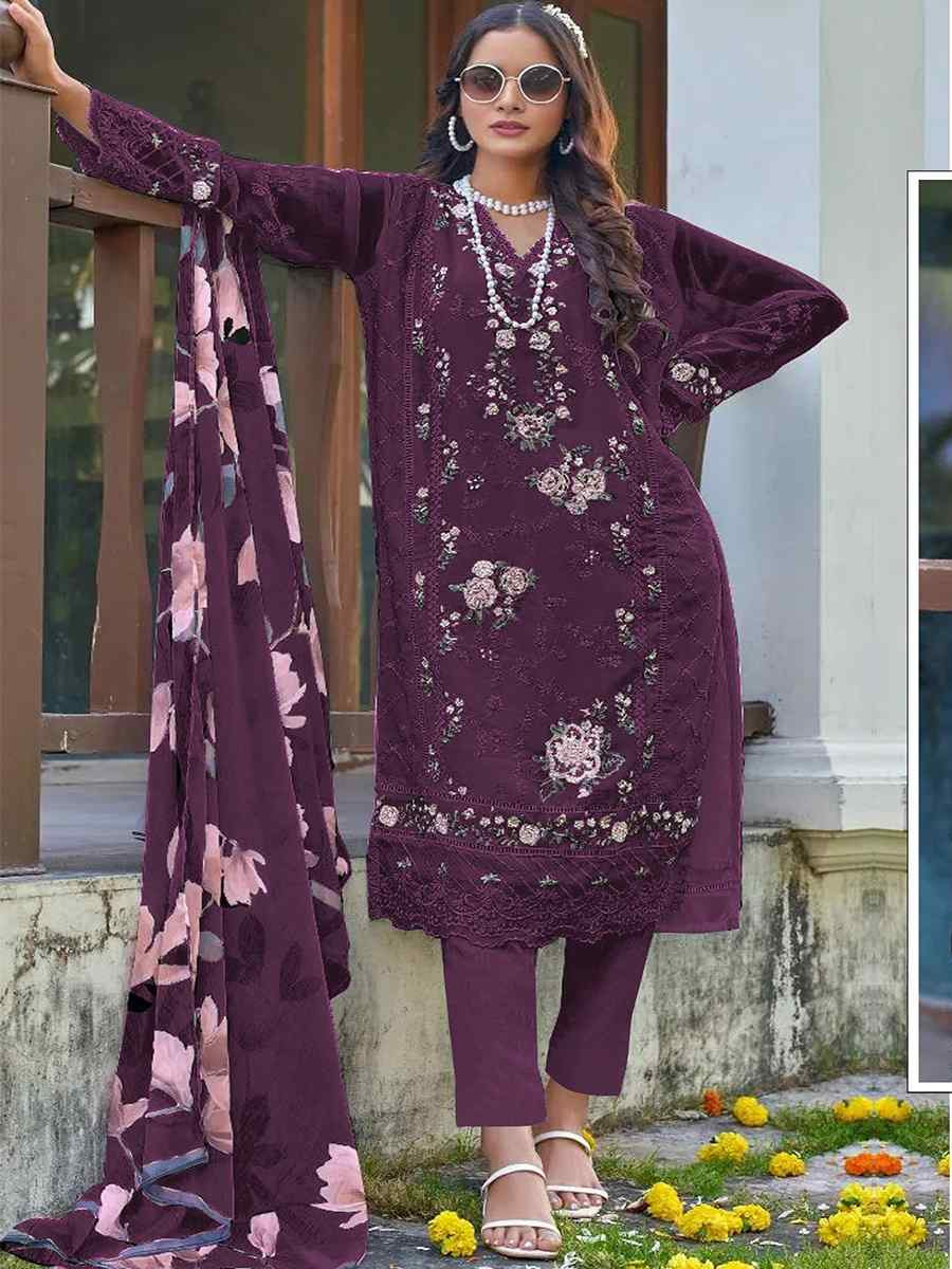 Wine Heavy Fox Georgette Embroidered Festival Wedding Pant Salwar Kameez