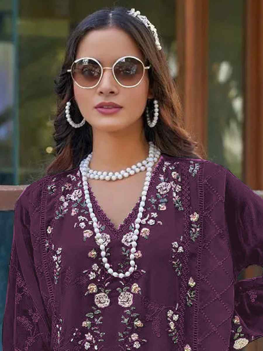 Wine Heavy Fox Georgette Embroidered Festival Wedding Pant Salwar Kameez