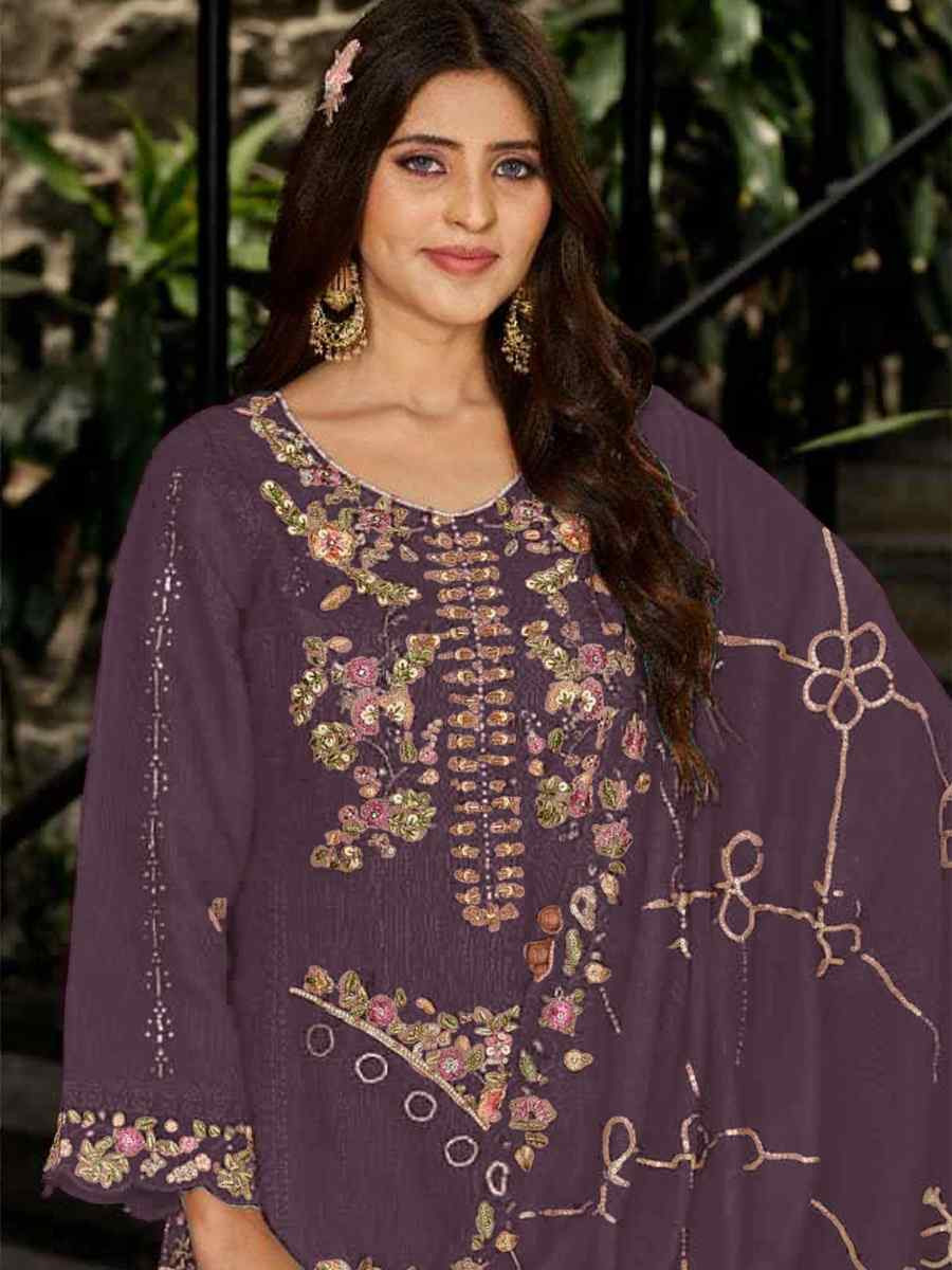 Wine Heavy Fox Georgette Embroidered Festival Wedding Pant Salwar Kameez