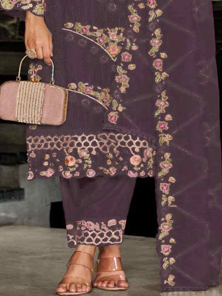 Wine Heavy Fox Georgette Embroidered Festival Wedding Pant Salwar Kameez