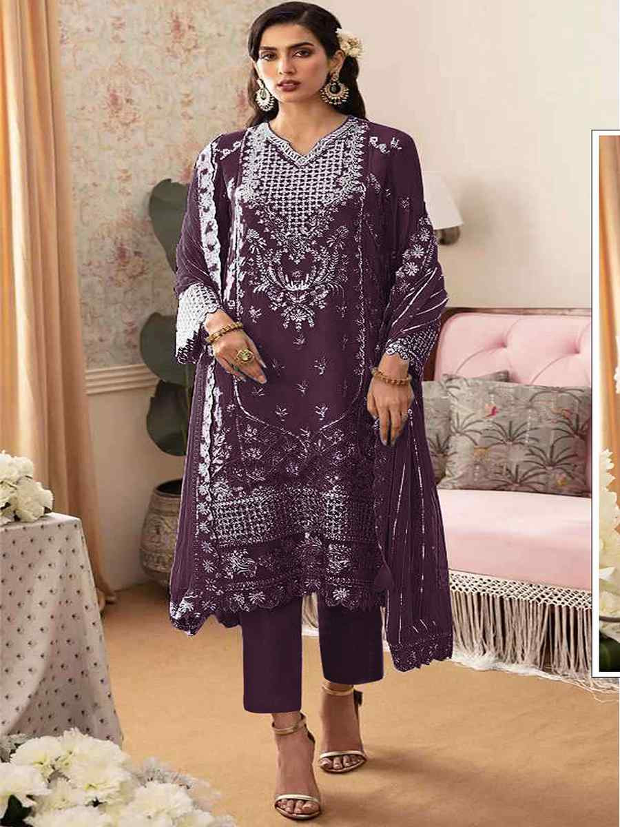 Wine Heavy Fox Georgette Embroidered Festival Wedding Sharara Pant Salwar Kameez