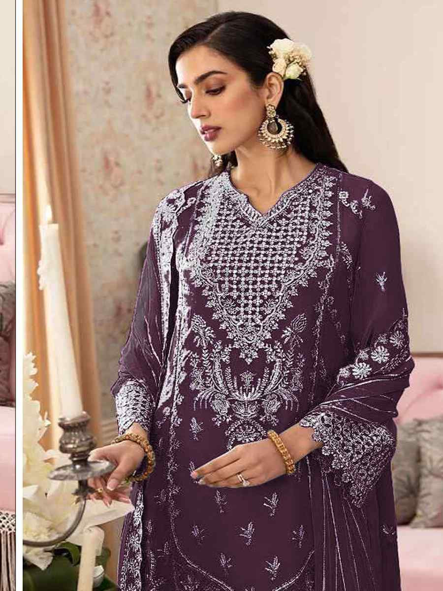 Wine Heavy Fox Georgette Embroidered Festival Wedding Sharara Pant Salwar Kameez