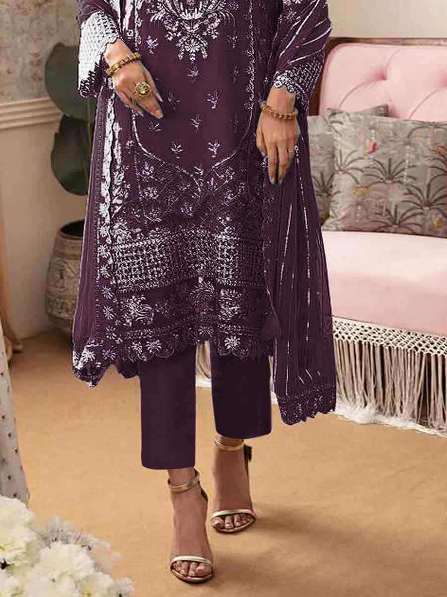Wine Heavy Fox Georgette Embroidered Festival Wedding Sharara Pant Salwar Kameez
