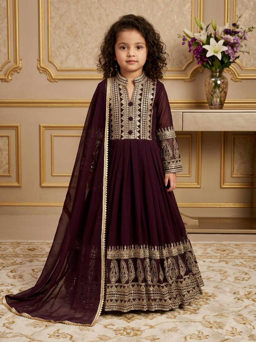 Wine Heavy Fox Georgette Embroidered Sequins Ethnic Casual Festival Party Wedding Gown