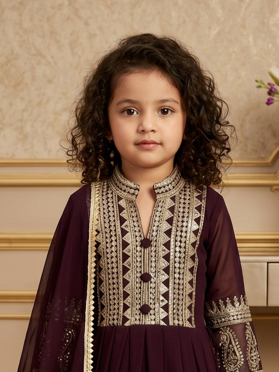 Wine Heavy Fox Georgette Embroidered Sequins Ethnic Casual Festival Party Wedding Gown