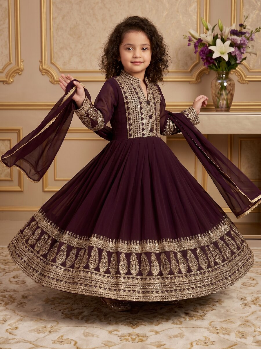 Wine Heavy Fox Georgette Embroidered Sequins Ethnic Casual Festival Party Wedding Gown