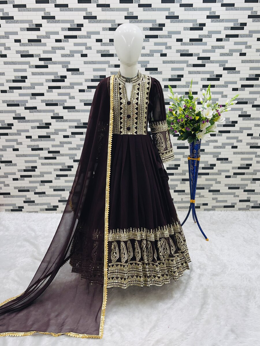 Wine Heavy Fox Georgette Embroidered Sequins Ethnic Casual Festival Party Wedding Gown