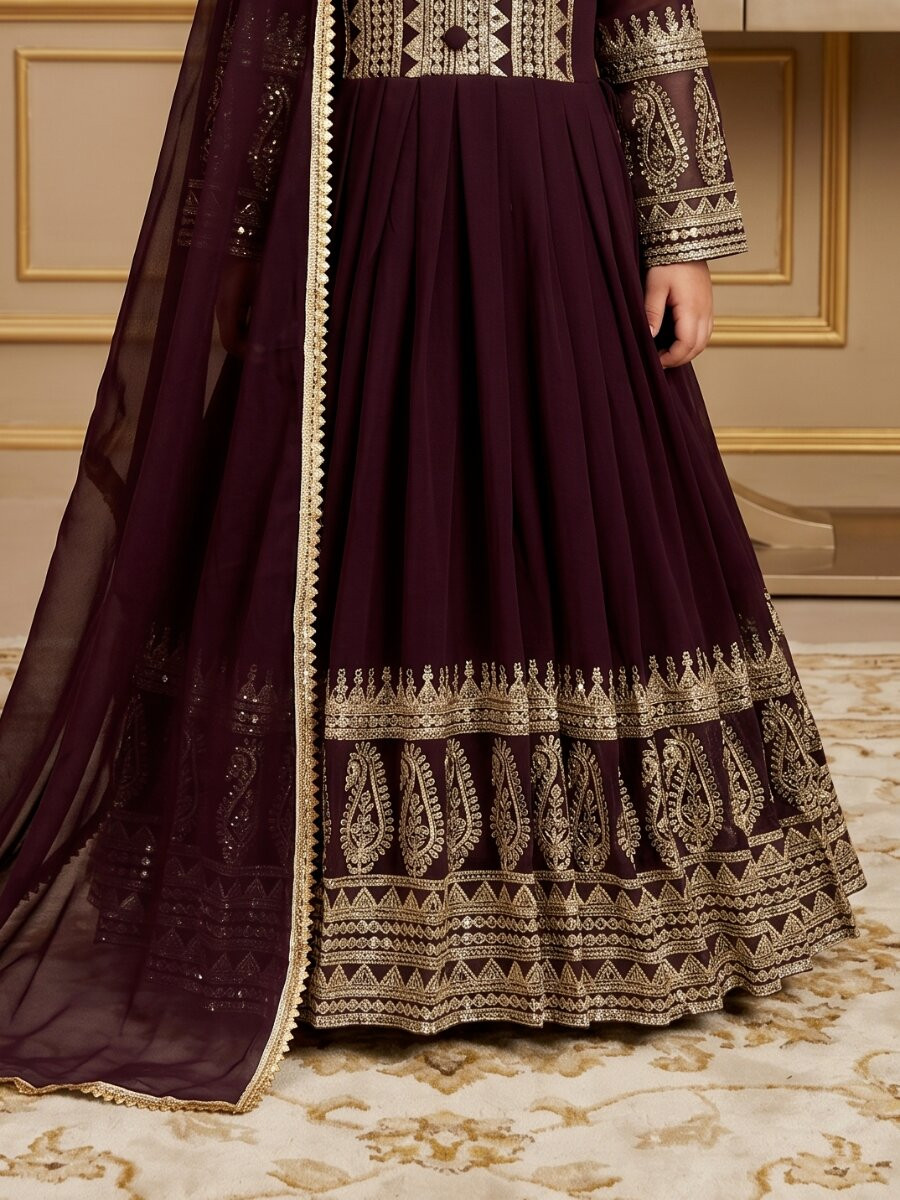 Wine Heavy Fox Georgette Embroidered Sequins Ethnic Casual Festival Party Wedding Gown