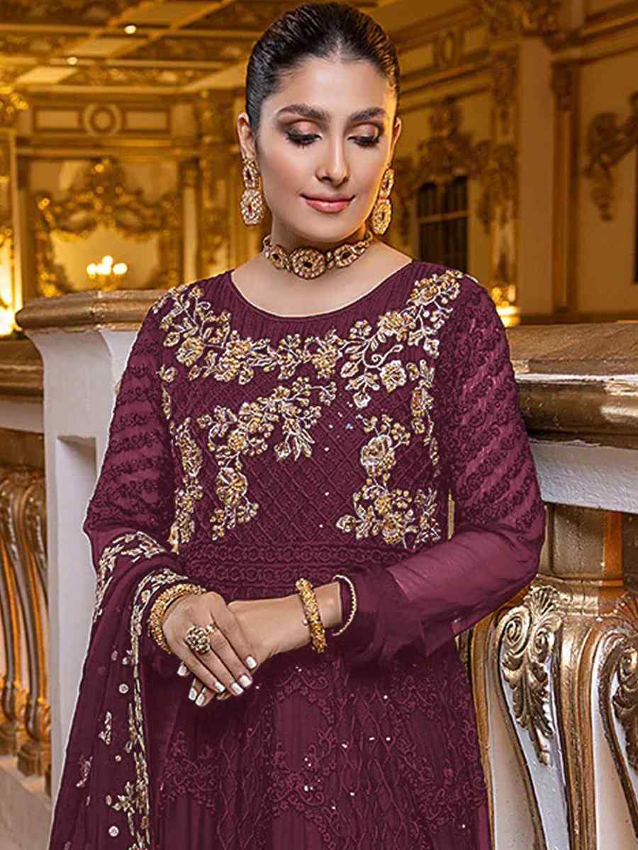 Wine Heavy Georgette Embroidered Festival Party Pant Salwar Kameez