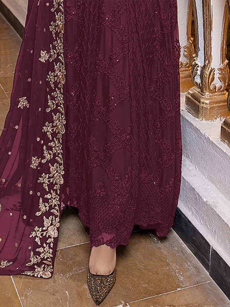 Wine Heavy Georgette Embroidered Festival Party Pant Salwar Kameez