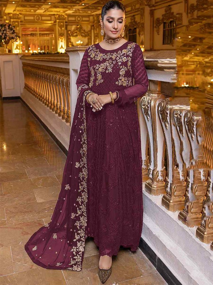 Wine Heavy Georgette Embroidered Festival Party Pant Salwar Kameez