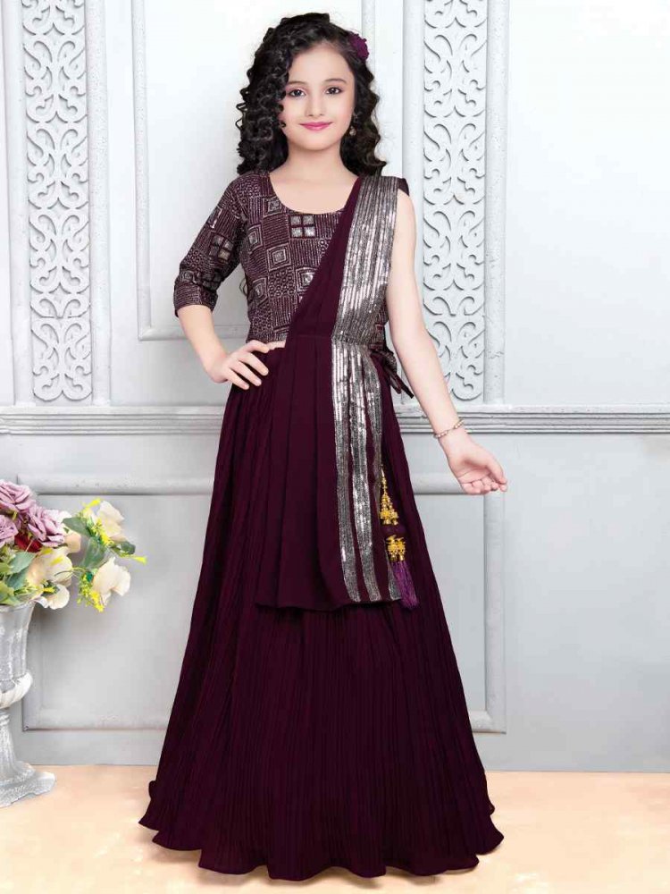 Wine Heavy Georgette Embroidered Party Festival Lehengas Girls Wear