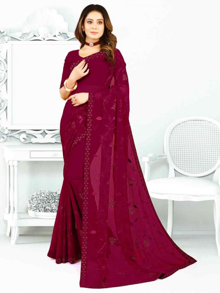 Wine Heavy Georgette Embroidered Wedding Festival Classic Style Saree
