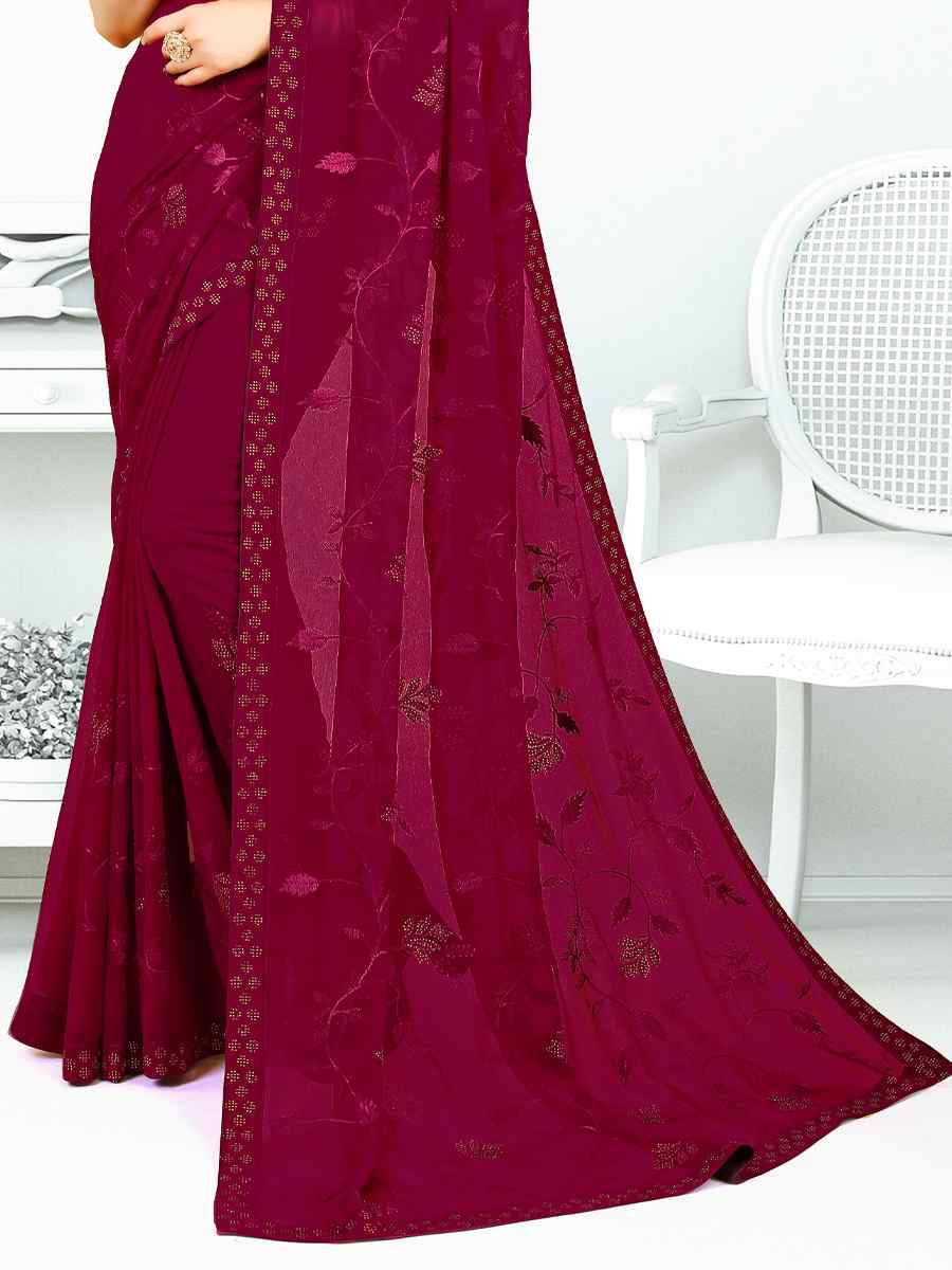 Wine Heavy Georgette Embroidered Wedding Festival Classic Style Saree