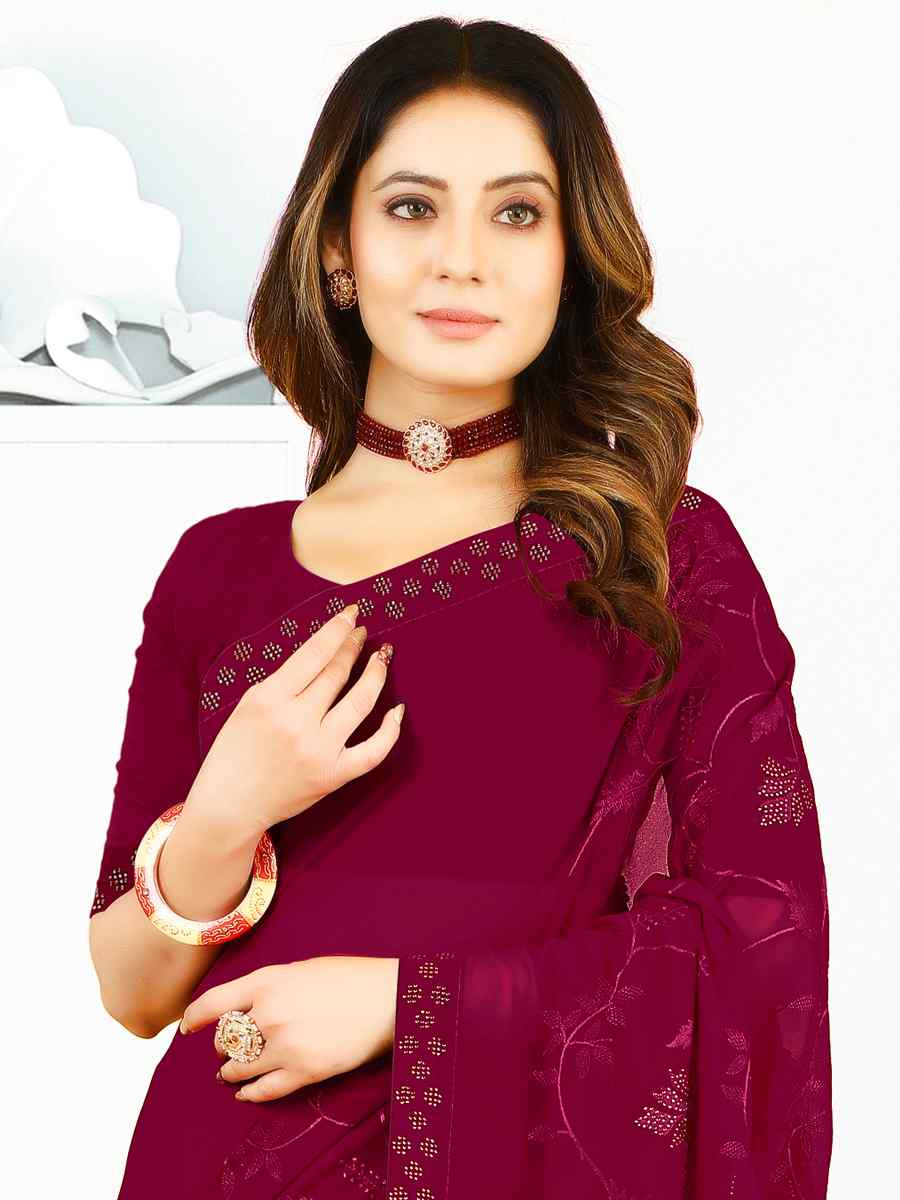 Wine Heavy Georgette Embroidered Wedding Festival Classic Style Saree