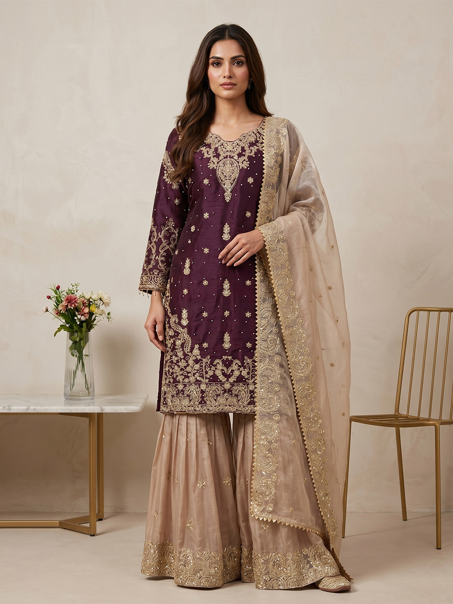 Wine Heavy Gmy Silk Embroidery Sequins Rivet Moti Work Wedding Party Festival Casual Ready Sharara Pant Salwar Kameez