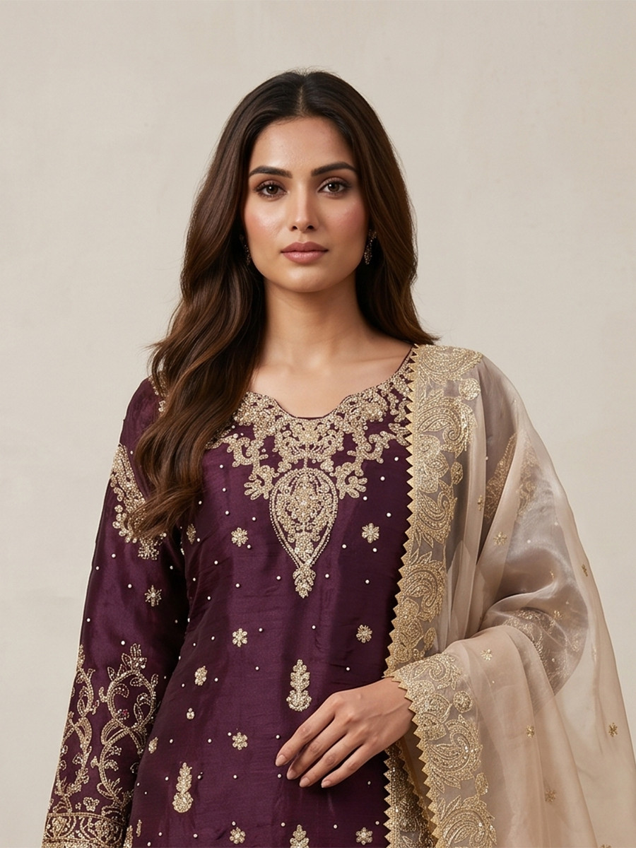 Wine Heavy Gmy Silk Embroidery Sequins Rivet Moti Work Wedding Party Festival Casual Ready Sharara Pant Salwar Kameez