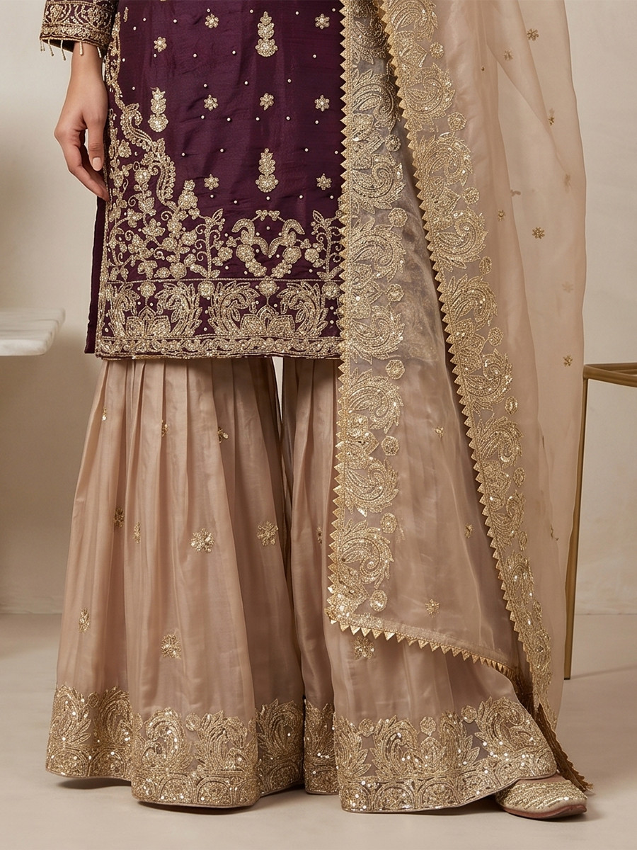 Wine Heavy Gmy Silk Embroidery Sequins Rivet Moti Work Wedding Party Festival Casual Ready Sharara Pant Salwar Kameez