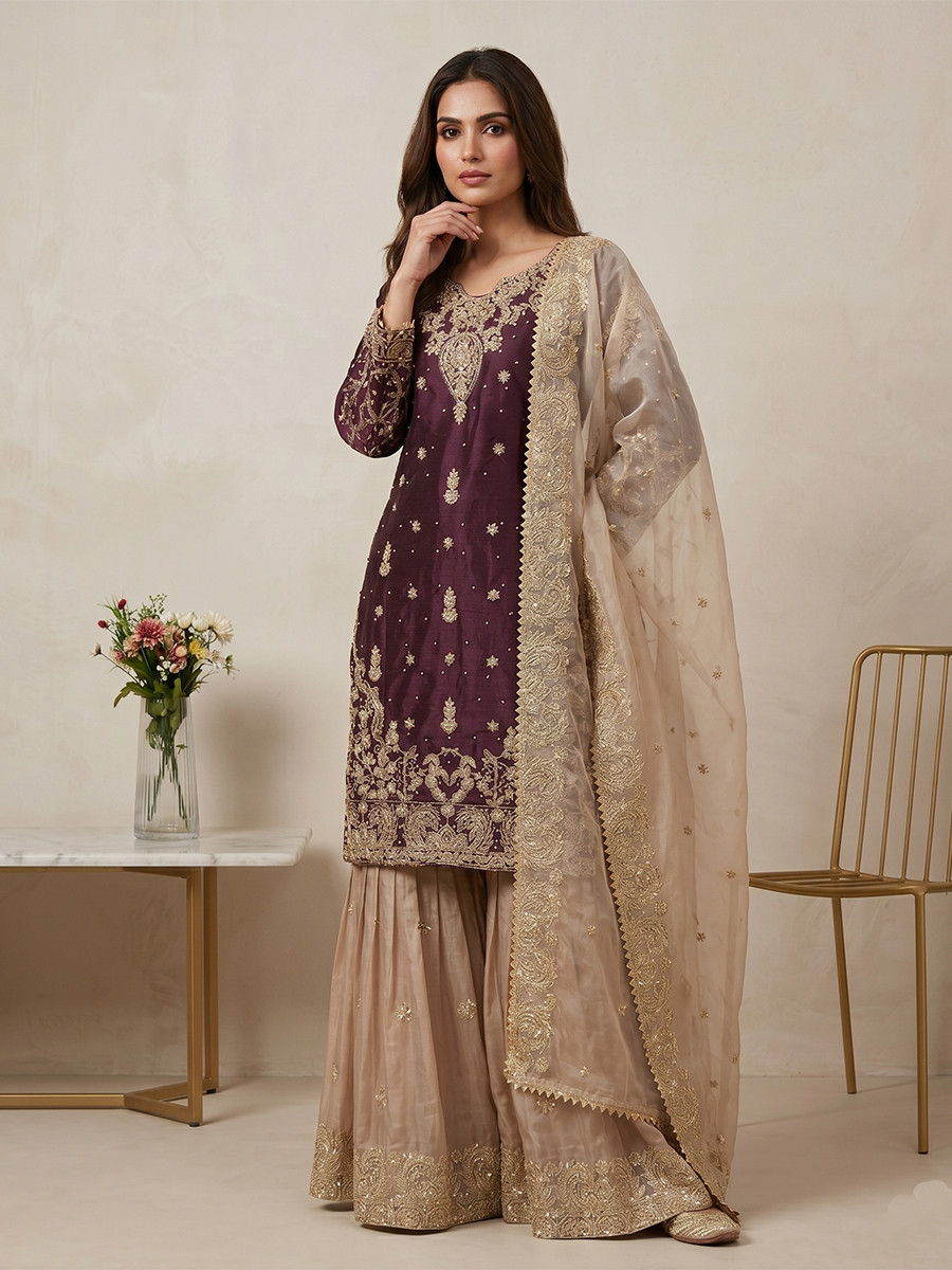 Wine Heavy Gmy Silk Embroidery Sequins Rivet Moti Work Wedding Party Festival Casual Ready Sharara Pant Salwar Kameez
