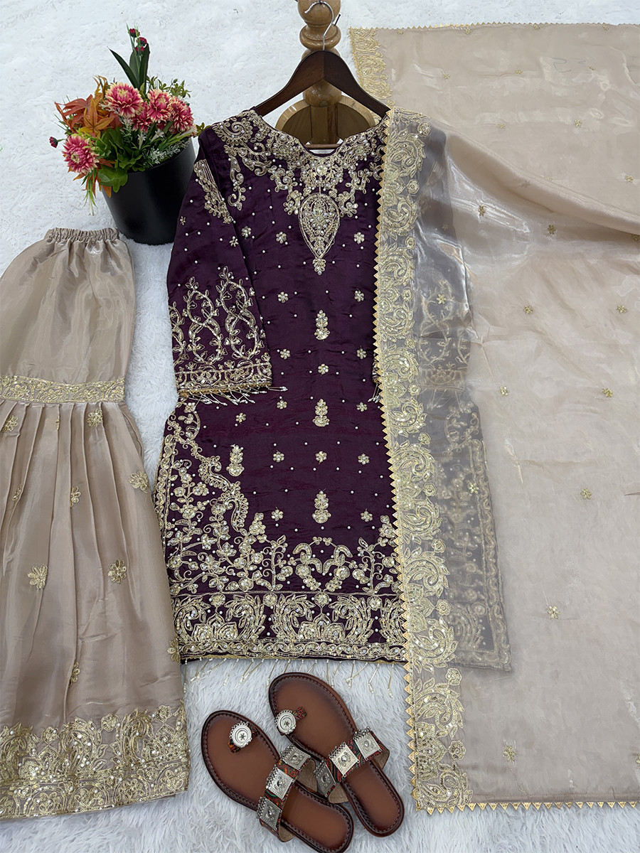 Wine Heavy Gmy Silk Embroidery Sequins Rivet Moti Work Wedding Party Festival Casual Ready Sharara Pant Salwar Kameez