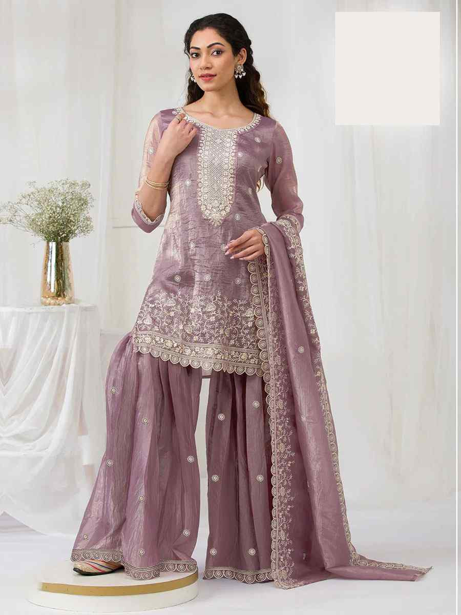 Wine Heavy Gold Crush Georgette Embroidered Festival Wedding Sharara Pant Salwar Kameez
