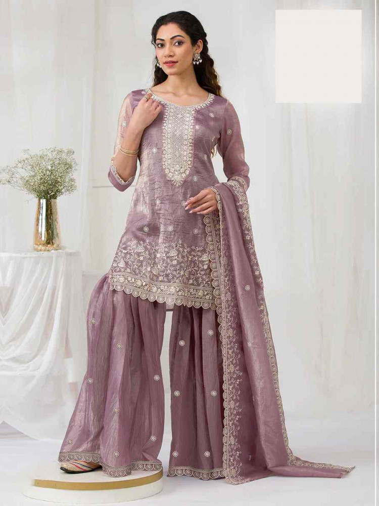 Image of Wine Heavy Gold Crush Georgette Embroidered Festival Wedding Sharara Pant Salwar Kameez