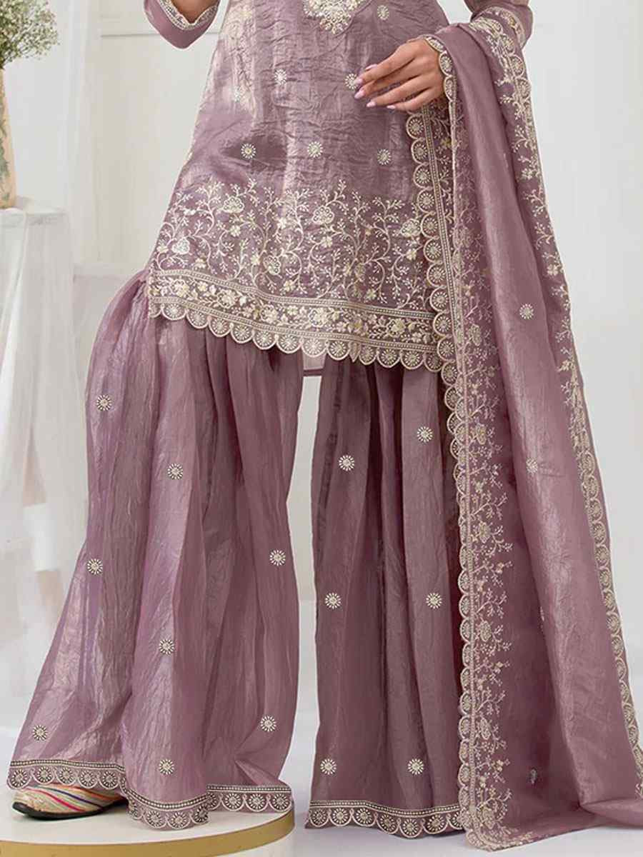 Wine Heavy Gold Crush Georgette Embroidered Festival Wedding Sharara Pant Salwar Kameez