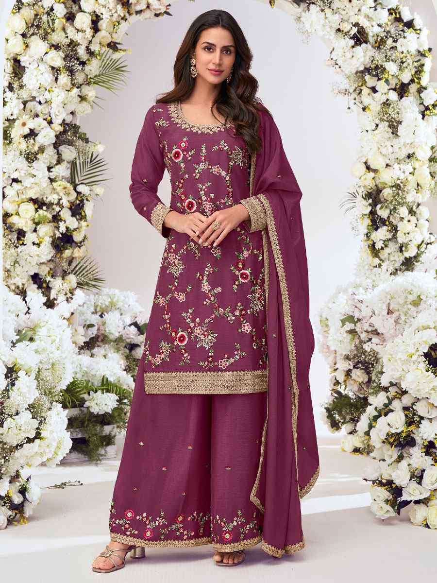 Wine Heavy Premium Chinon Embroidery Party Wedding Festival Casual Ready Palazzo Pant Salwar Kameez