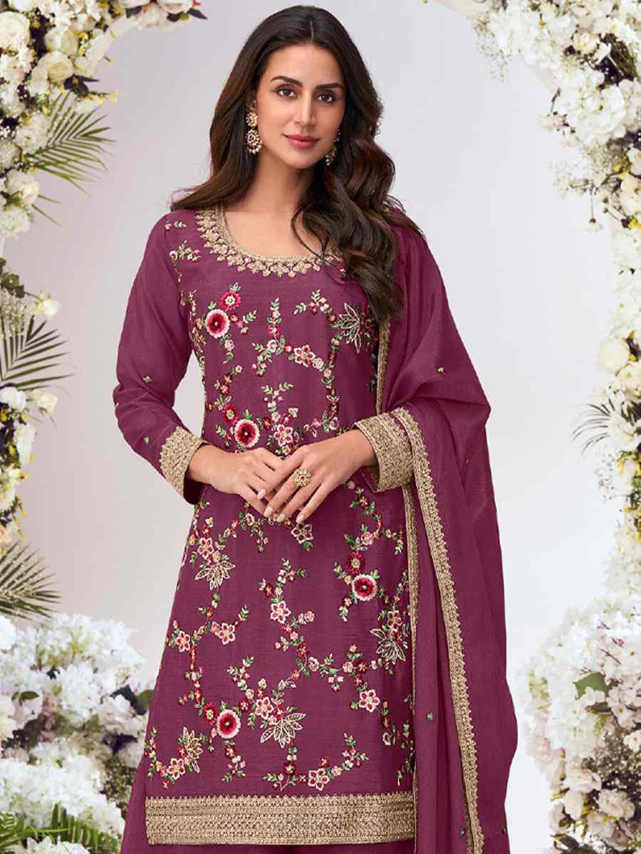 Wine Heavy Premium Chinon Embroidery Party Wedding Festival Casual Ready Palazzo Pant Salwar Kameez