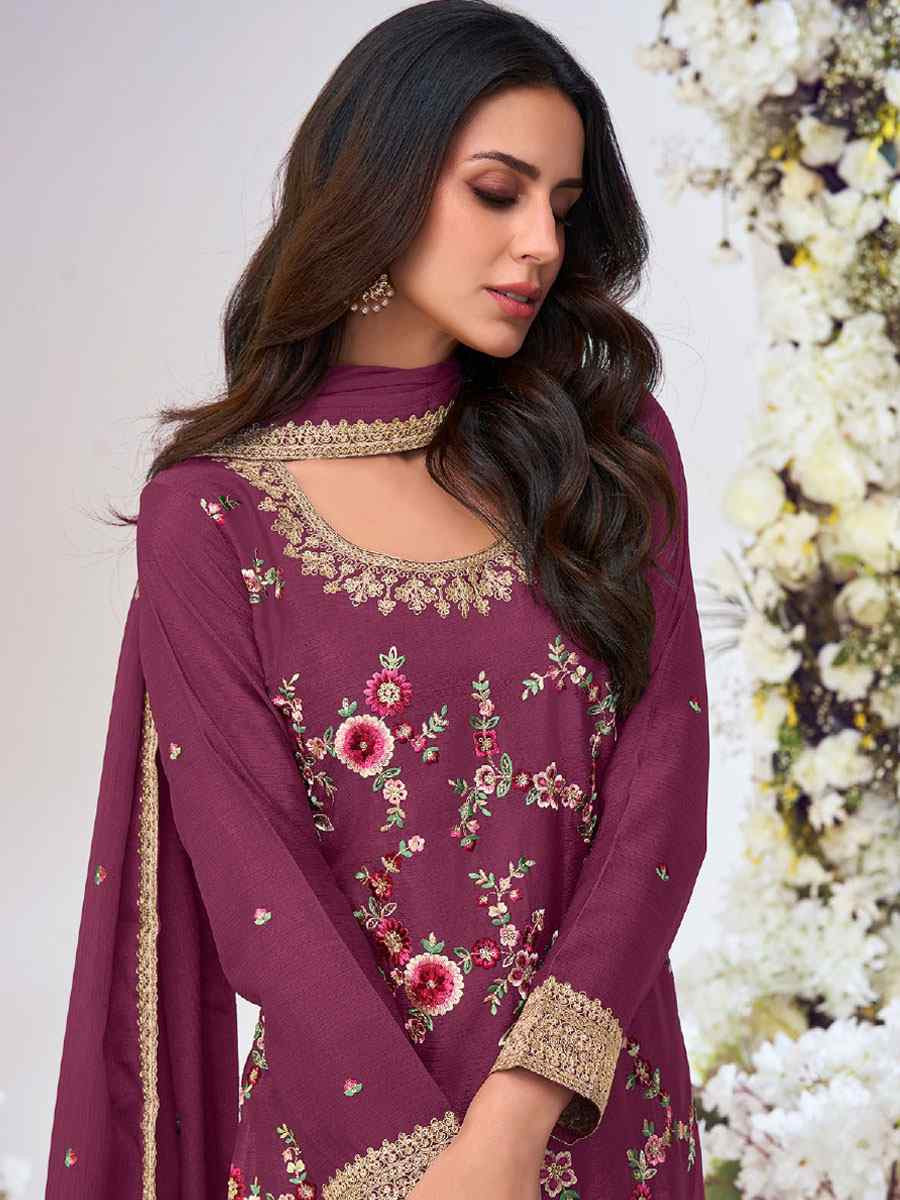 Wine Heavy Premium Chinon Embroidery Party Wedding Festival Casual Ready Palazzo Pant Salwar Kameez