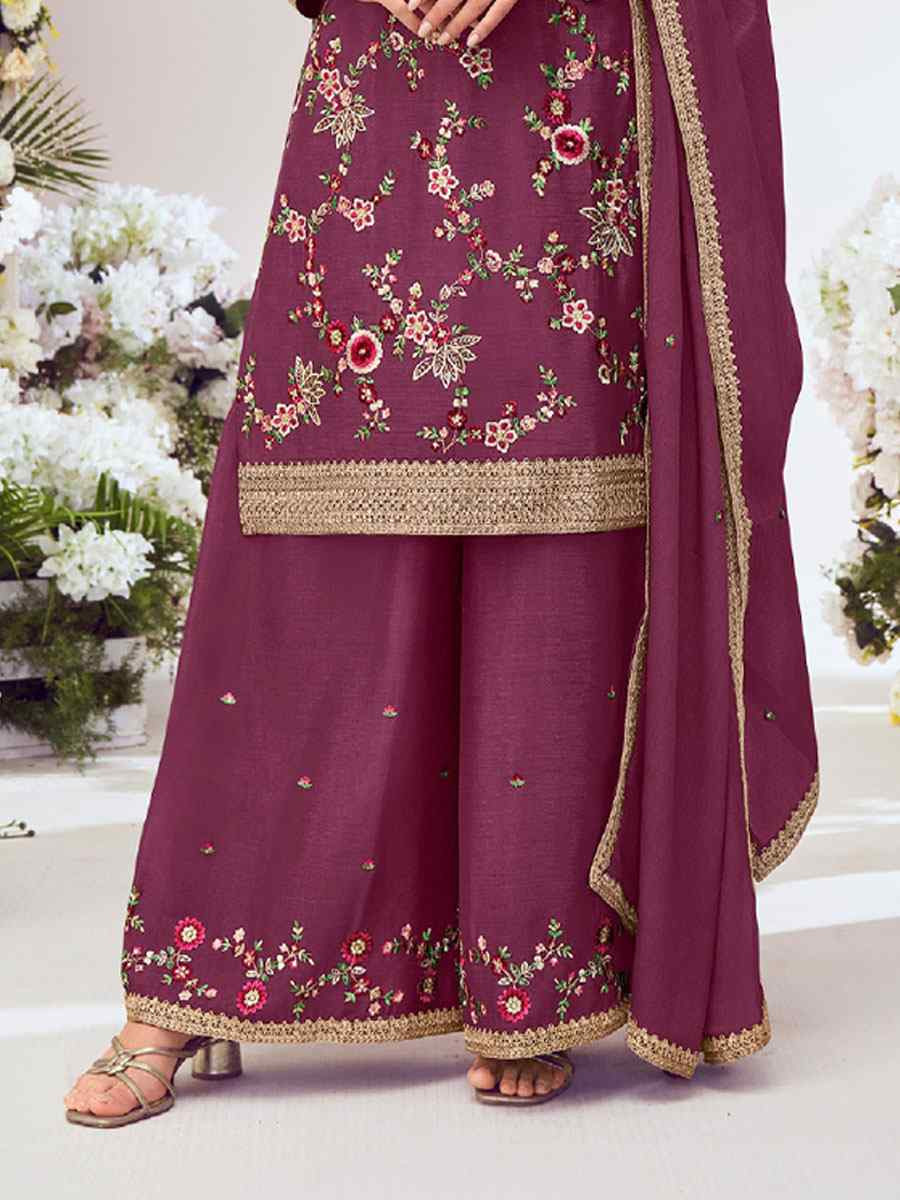 Wine Heavy Premium Chinon Embroidery Party Wedding Festival Casual Ready Palazzo Pant Salwar Kameez