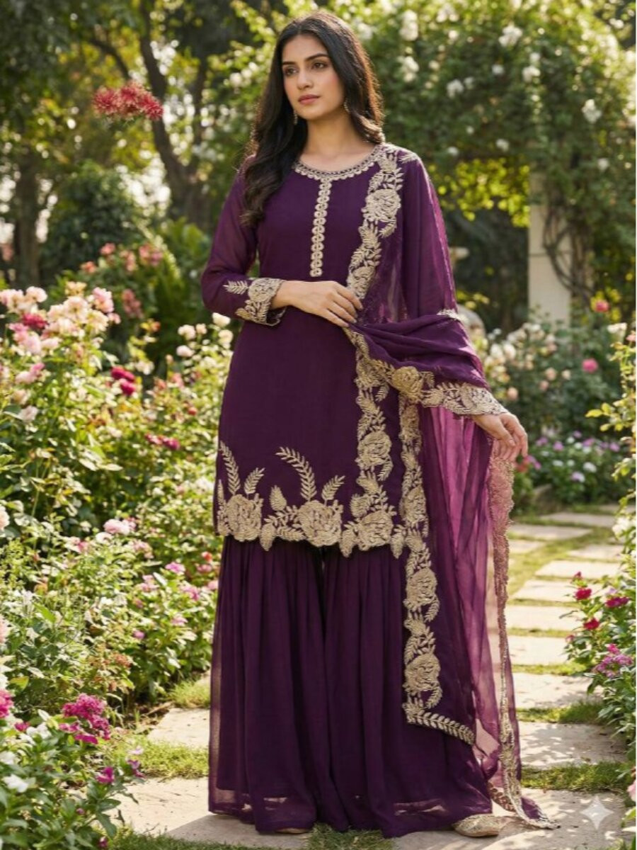 Wine Heavy Pure Faux Georgette Embroidery Wedding Party Festival Casual Ready Palazzo Pant Salwar Kameez