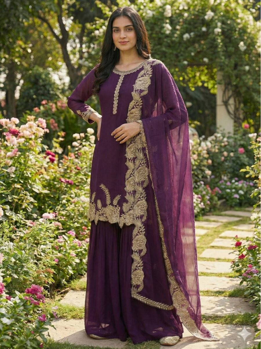 Wine Heavy Pure Faux Georgette Embroidery Wedding Party Festival Casual Ready Palazzo Pant Salwar Kameez