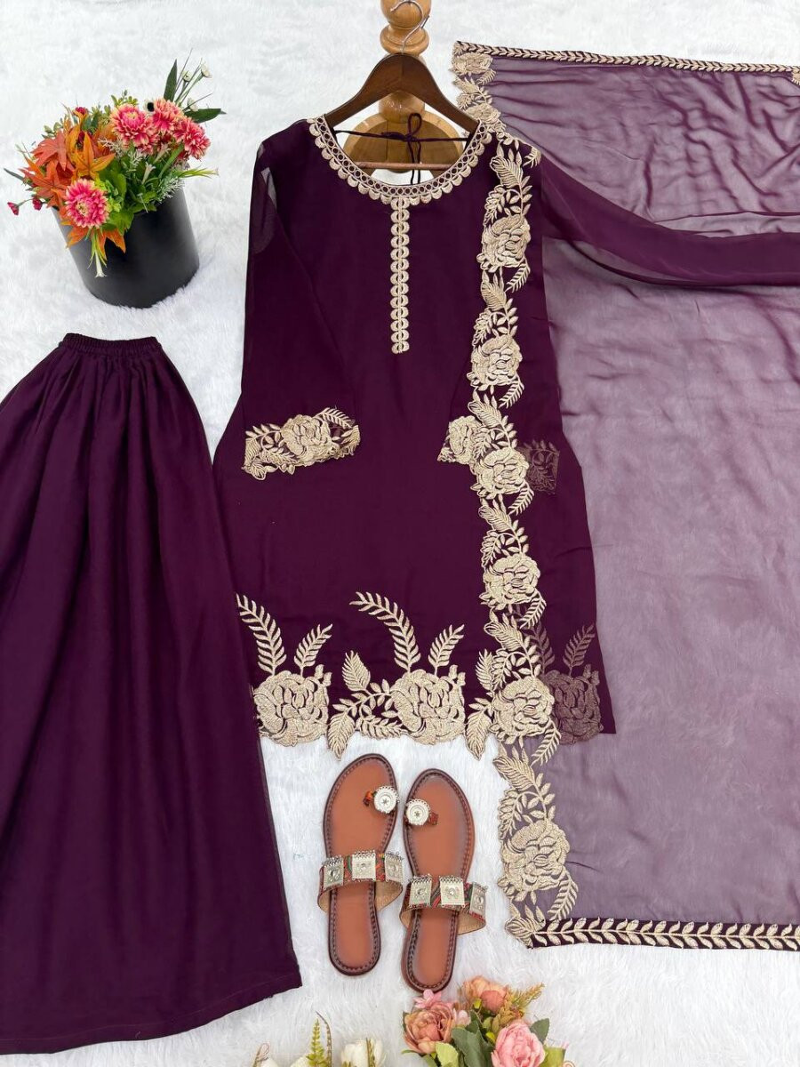 Wine Heavy Pure Faux Georgette Embroidery Wedding Party Festival Casual Ready Palazzo Pant Salwar Kameez