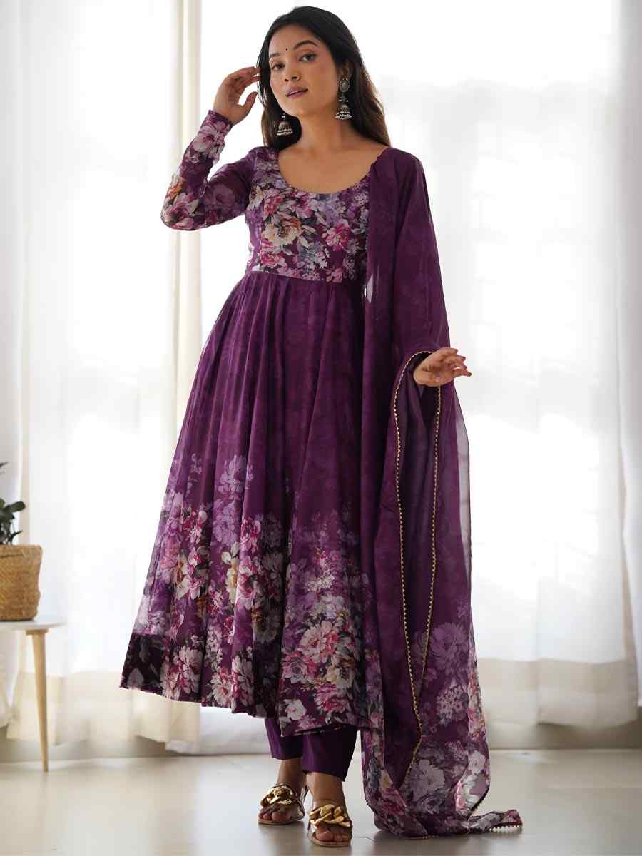 Wine Heavy Pure Soft Organza Silk Printed Festival Casual Ready Anarkali Salwar Kameez
